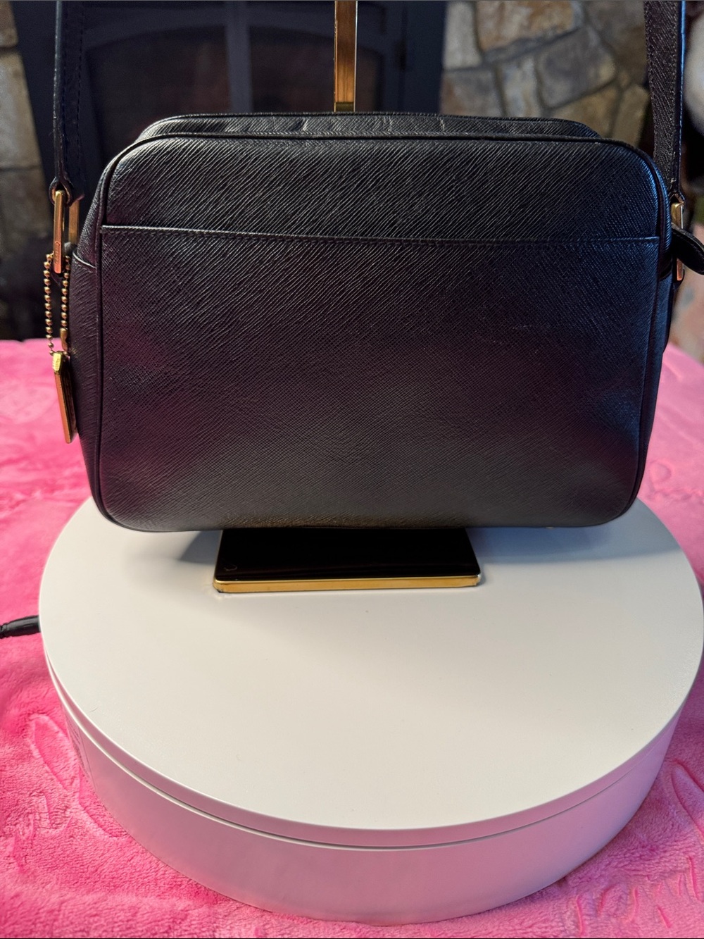 Coach B9E-7001 Black Saffiano Structured Crossbody • Gold Hangtag